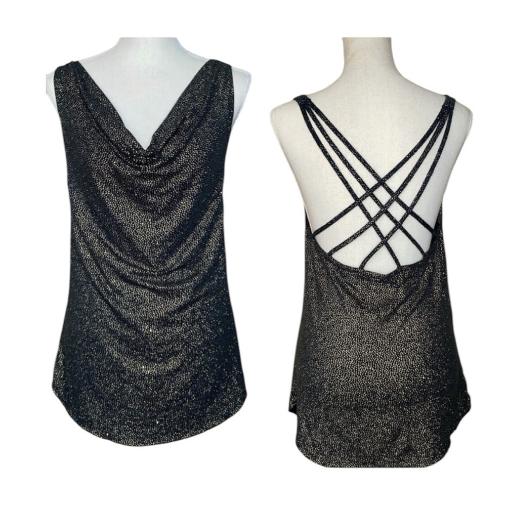 3/$20 Chaser Glitter Jersey Draped Cowl Neck Halter Top Strap Teal Green & Gold